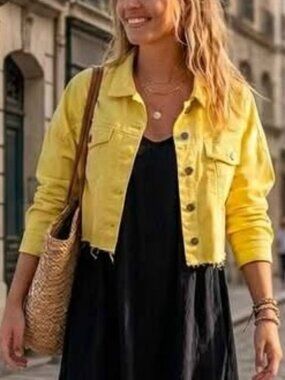 Noisy May Boho Yellow Cropped Raw Frayed Hem Long Sleeve Denim Jacket, Medium